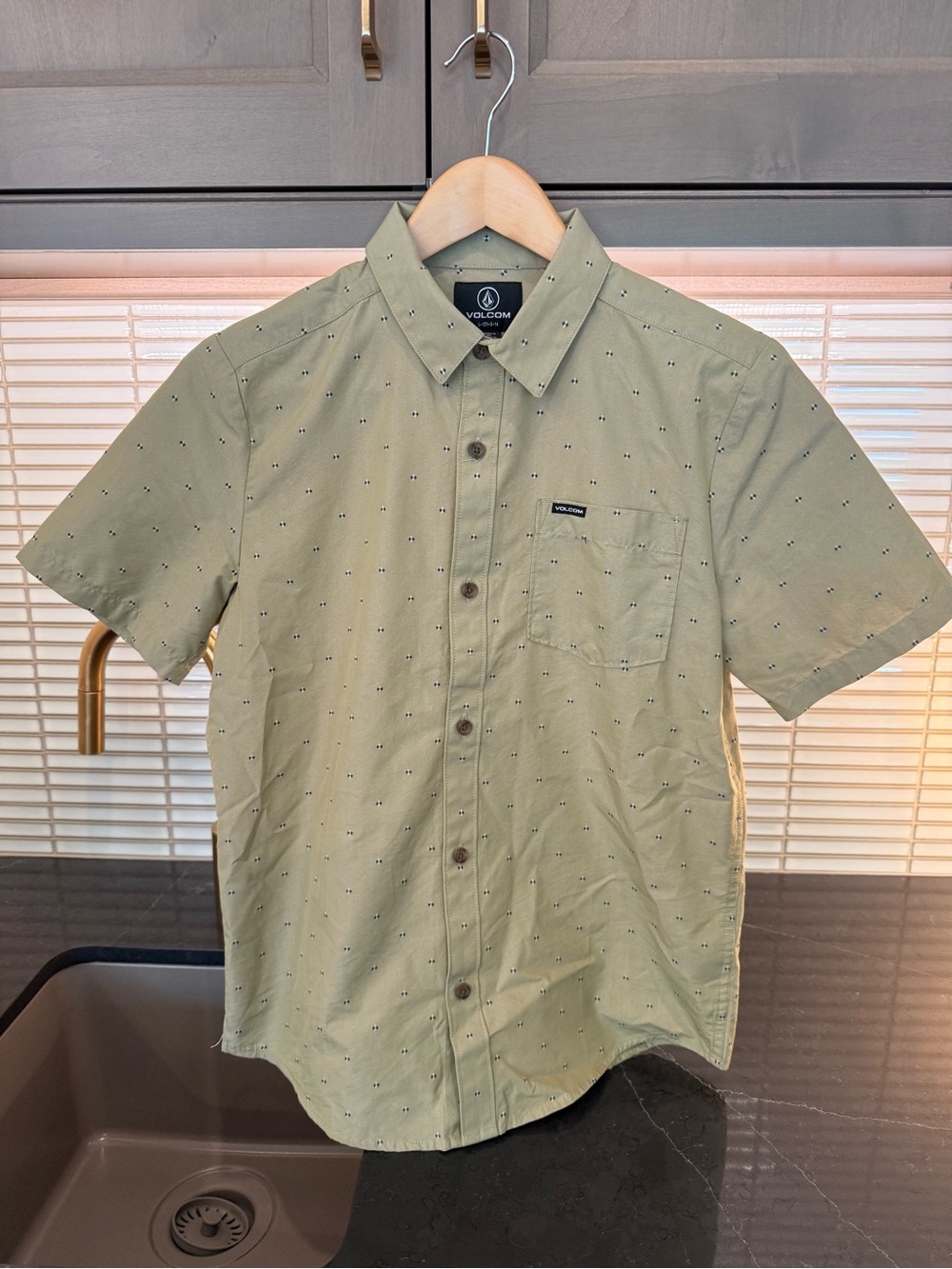 Volcom Short-Sleeve Button-Down Shirt in Olive Green with Micro Print